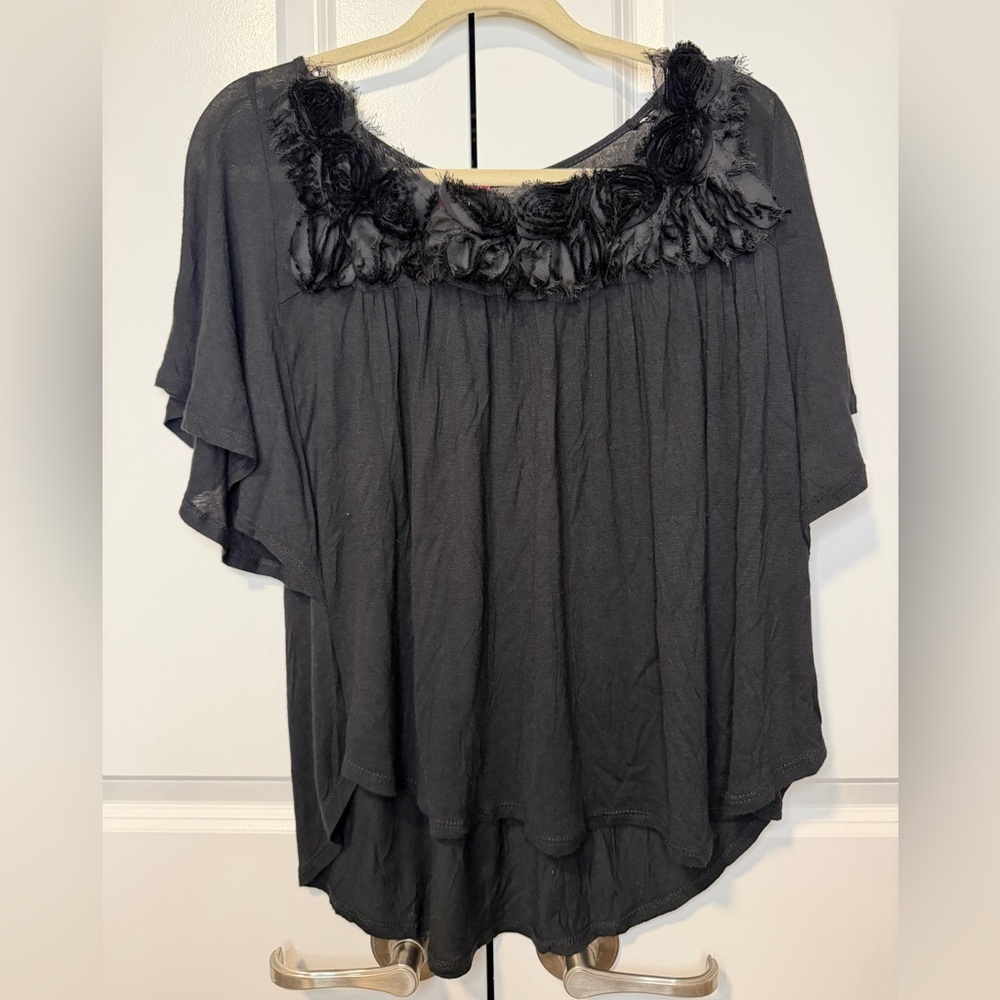 Marco of New York Black Floral Rosette Sheer Blouse Large Made in USA